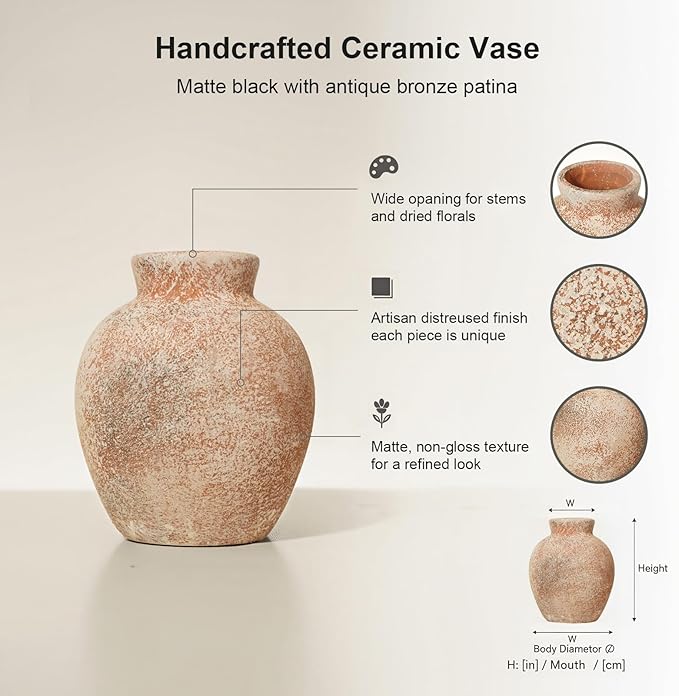 Ceramic Flower Vase, 6-Inch Terracotta Pottery Rustic Farmhouse Boho Vase, Handcrafted Decorative Vase for Home Decor, Centerpieces, Table, Living Room, Mantel, Shelf