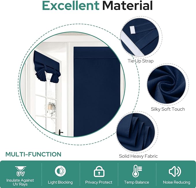 HOMEIDEAS 100% Linen Blackout French Door Curtains, Privacy Door Window Curtains, 26 X 40 Inch Room Darkening Blinds, Thermal Insulated Shades for Bedroom, 1 Panel, Navy