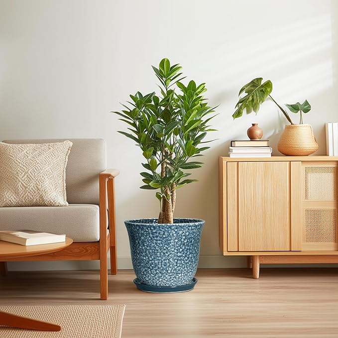 Ceramic Plant Pots - 12 Inch Pots for Plants Indoor Outdoor, Large Round Planter with Drainage Hole and Saucer, Modern Decorative Planters, Garden House Decor, House Warming Gifts, Blue