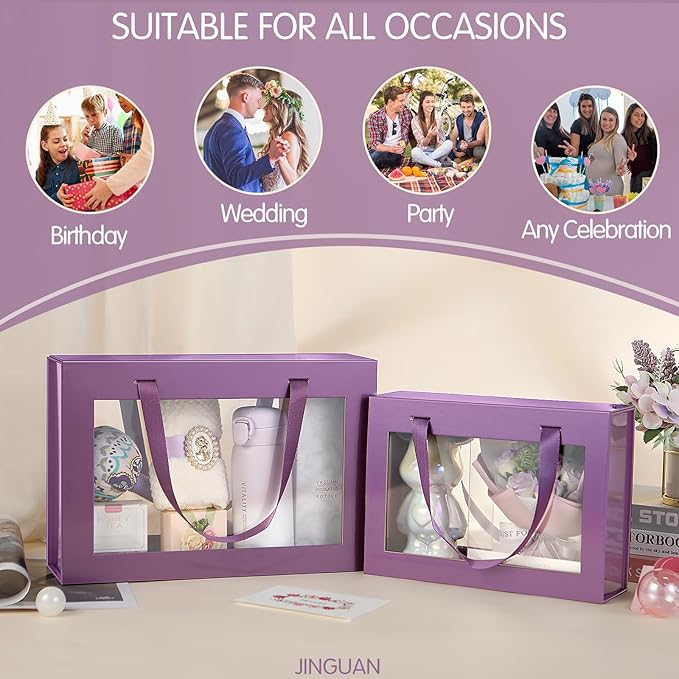 Large Purple Clear Gift Boxes, 13.5x9x4.1 Inches Gift Boxes with Windows by Handles, Bridesmaid Proposal Boxes, Collapsible Gift Boxes with Magnetic Closure (Glossy Purple, 5 Pack)