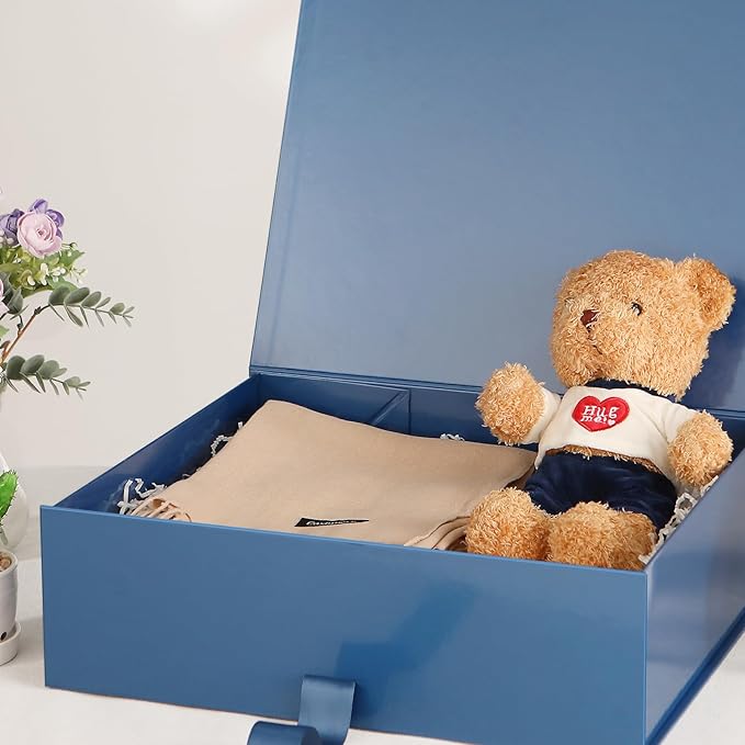 GREEN BEAN 3 Extra Large Gift Boxes with Lid 16.3 x 14.2 x 5 Inches Blue Magnetic Gift Box with Ribbon for Clothes and Large Presents Christmas Halloween(Glossy Blue)