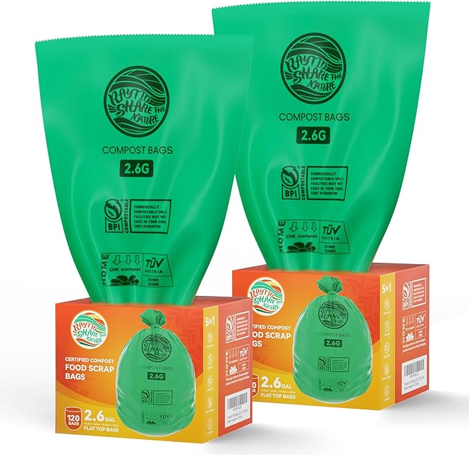 2.6 Gallon Compostable Trash Bags,240 Count Compost Trash Bags for Bedroom Kitchen Office Fit 10 Liter，Small Kitchen Food Scrap Waste Bags,ASTM D6400, US BPI & Europe OK compost HOME certified