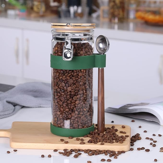 KKC Vacuum Sealed Coffee Bean Storage Container with Scoop,Airtight Glass Container Jar with Hinged Lid and Spoon for Ground Coffee,Loose Leaf Tea,Brown Sugar,Nut,Oatmeal,54 Fl oz