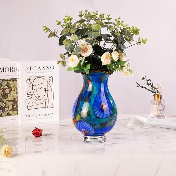 KAMMAK Colored Glass Vase, Beautiful Hand Blown Decorative Vase, Modern Art Vase for Flower Mantle Dining Table Centerpiece, Entryway Living Room Wedding Decoration, FH024