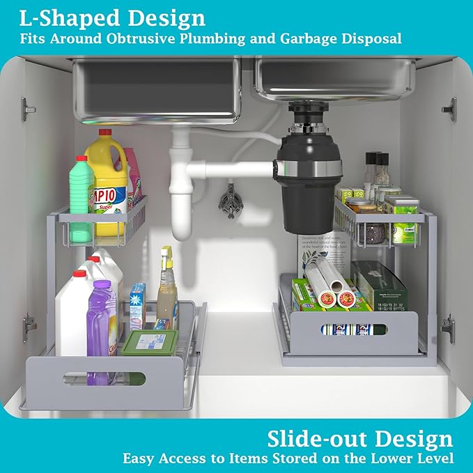 REALINN Under Sink Organizer, Pull Out Cabinet Organizer 2 Tier Slide Out Sink Shelf Cabinet Storage Shelves, Storage for Kitchen Bathroom, Grey, 2 Pack