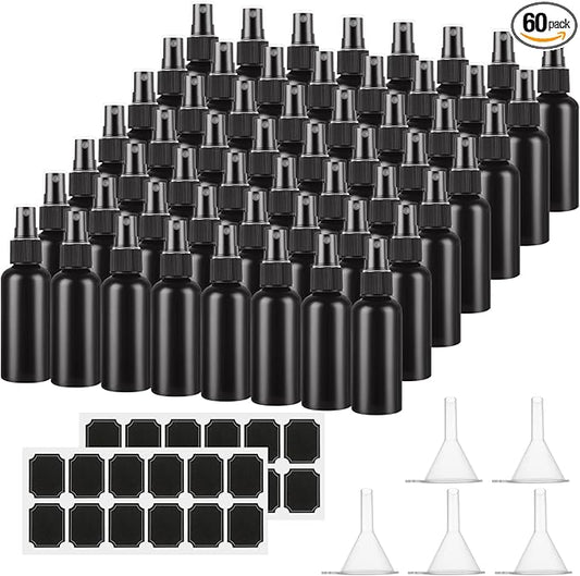 60 Pack 2oz Plastic Spray Bottles Small Empty Fine Mist Spray Bottle Black Bottles for Essential Oils, Bath, Beauty, Hair & Cleaning, Small SprayBottles for Travel, With 5 Funnels