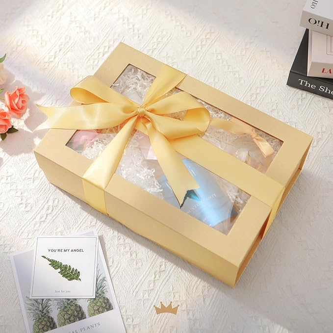 PACKQUEEN Large Kraft Gift Box with Window, 13.5x9x4.1 Inches Clear Gift Box for Present Contains Ribbon, Card, Groomsman Proposal Box with Magnetic Lid