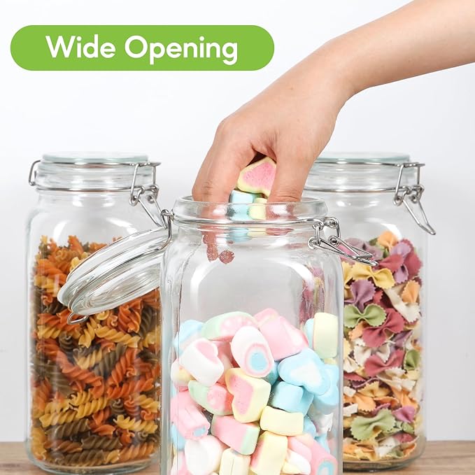 EkkoVla 78 oz Glass Food Storage Jars with Airtight Clamp Lids, Set of 3 Kitchen Canisters, Square Mason Jars Containers for Pasta, Coffee, Candy, Flour, Cereal, Dog Treats, Snacks and Canning