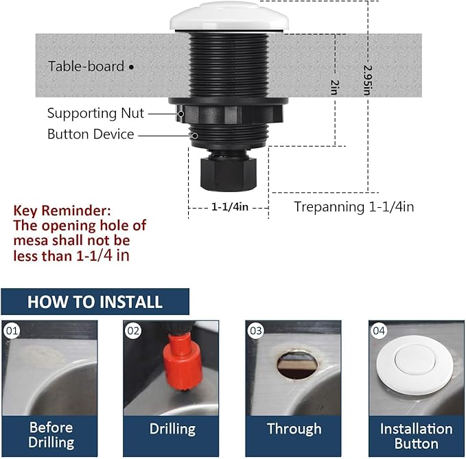 Garbage Disposal Air Switch Kit Single Outlet Sink Top Waste Disposal Short Stainless Steel White On/Off Air Button Food and Waste Disposals Part by Etoolcity