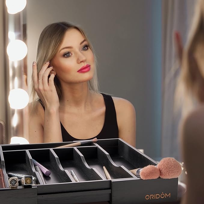 2-Piece Expandable Bamboo Kitchen Drawer Organizer for Cutlery and Utensils, Adjustable Bamboo Wood Cutlery Tray in Drawer for Flatware and Silverware in Kitchen, (Black)