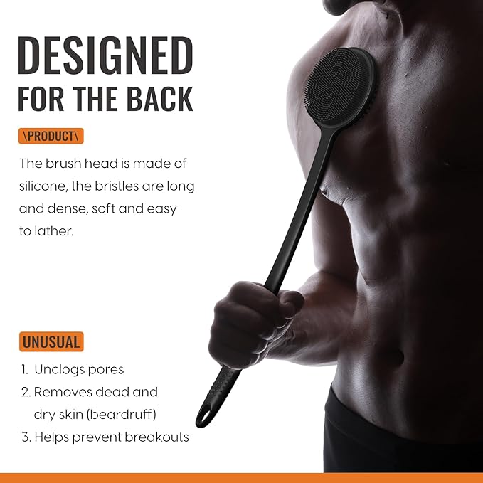 Silicone Back Scrubber for Shower, 17in Lengthen Long Handle Body Brush, Double Sided Shower Brush for Shower Exfoliating and Massage Can Produce Rich Foam, Long Handle Back Scrubber for Men