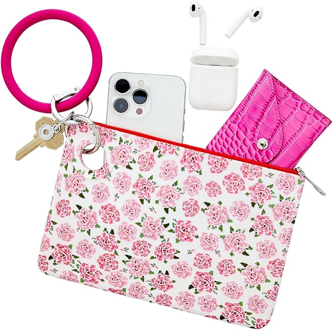 Oventure Large Silicone Pouch - Pink Peonies | Waterproof Zipper Bag & Holiday Gift for Women, Makeup & Travel