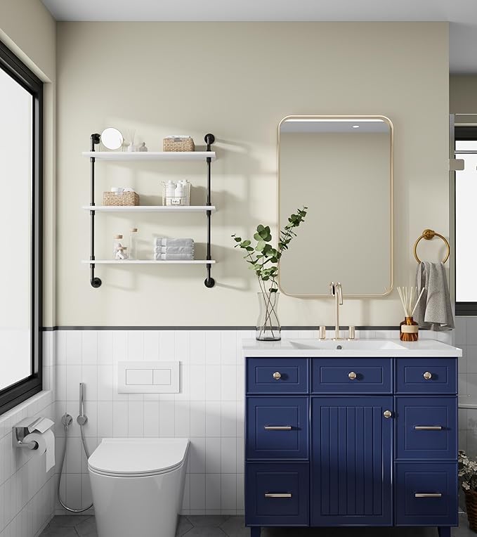 3-Tier Industrial Pipe Floating Shelf – Rustic 30 inch Wood Wall-Mounted Storage Shelf for Kitchen Office,Bathroom & Home Decor -White