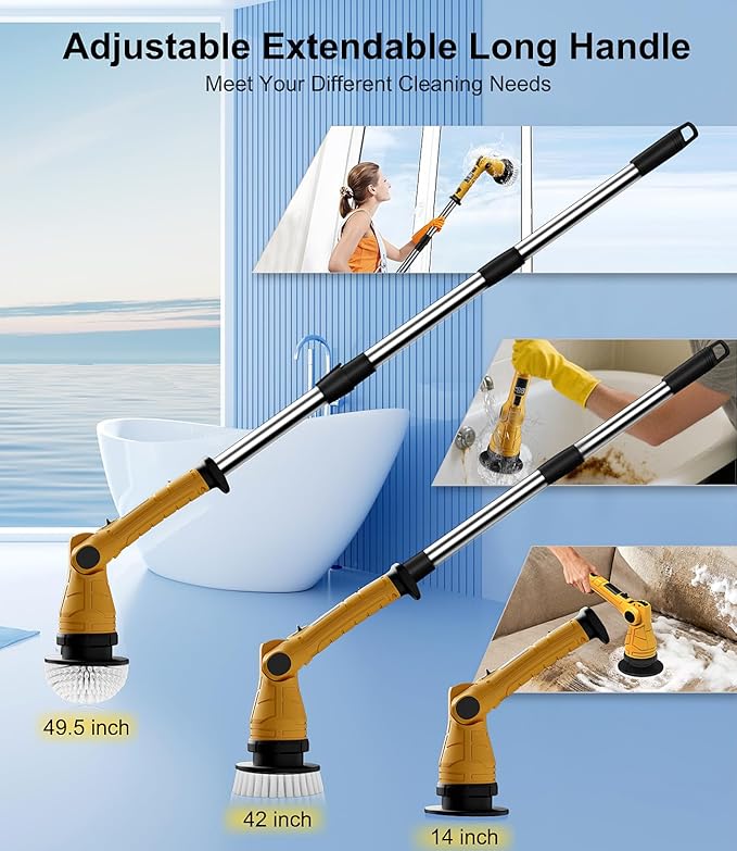 Electric Spin Scrubber with 8 Replaceable Brush Heads 6 Adjustable Angle Waterproof LED Display Cordless Cleaning Brush Supplies Bathroom Cleaner Set Long Handle Power Scrubber for Shower Floor Tub