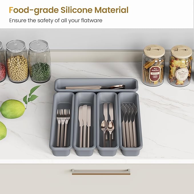 5 Pack Silicone Drawer Organizer for Kitchen, DIY Free Combination Silverware Organizer, Utensil Drawer Organizer, Moisture-proof and Heat-resistant up to 200°C, Anti-slip and Environmentally (Grey)