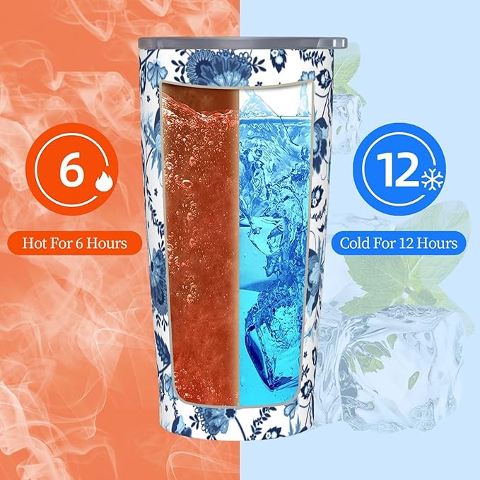 Blue White Porcelain Pattern Tumbler,Ceramics Flower 20oz Stainless Steel Insulated Travel Tumblers,Travel Coffee Mug with Lid and Straw Water Bottle Drink Cups Gifts for Women Men Lovers