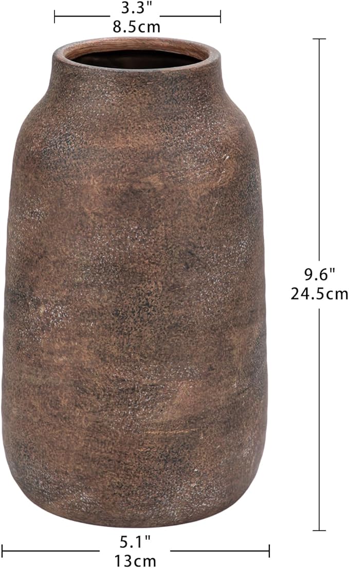 Briful Tall Rustic Ceramic Vase 9.6” – Vintage Distressed Pottery Flower Vase with Antique White-Wash Finish – Farmhouse Table Decor & Shelf Accent (Not Waterproof), Brown