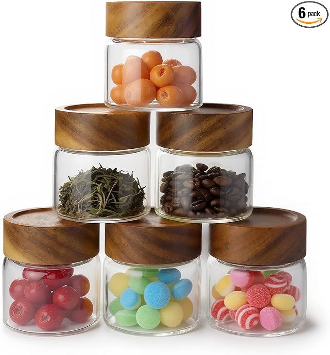 6-Pack 6 oz Airtight Food Sealed Jars with Acacia Wood Lids - Glass Meal Prep Containers for Overnight Oats, Snack Storage, Chia Pudding, Pantry Organization Essentials