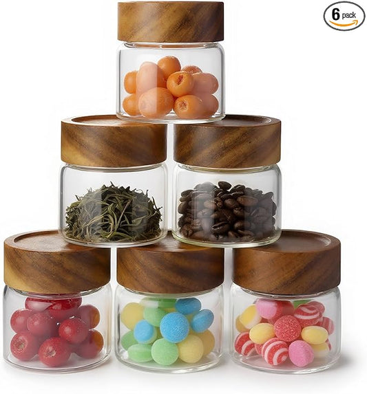 6-Pack 6 oz Airtight Food Sealed Jars with Acacia Wood Lids - Glass Meal Prep Containers for Overnight Oats, Snack Storage, Chia Pudding, Pantry Organization Essentials