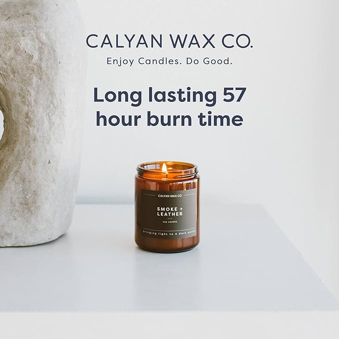 Calyan Wax Co. Cedar & Tobacco Scented Candle - 57 Hour Burn - Luxury Non Toxic Soy Wax Candles - Long Lasting Amber Glass Jar Candle for Home - 7.2oz