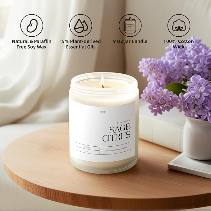Sage Citrus Candles for Home Scented, 9oz Natural Soy Aromatherapy Non Toxic Candles with Long Lasting Fragrance & Clean Burn, Luxury Jar Candle Gift for Women, Men, Home Decoration, White