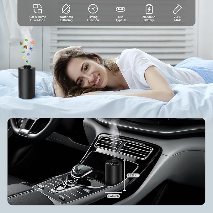 Waterless Essential Oil Diffuser for Home Battery Operated Cordless Scent Diffuser with Timing & 3 Mist Levels car Diffuser，Black Aluminum Alloy