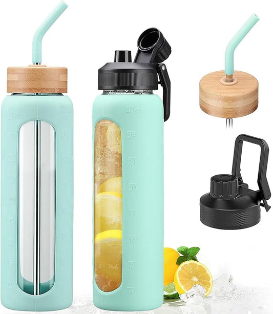 32oz Glass Water Bottle with Straw and 2 Lids- Bamboo and Spout Lid,Motivational Sports Water Bottle with Silicone Sleeve and Time Marker,Reusable for Gym, Outdoors, Mint Green
