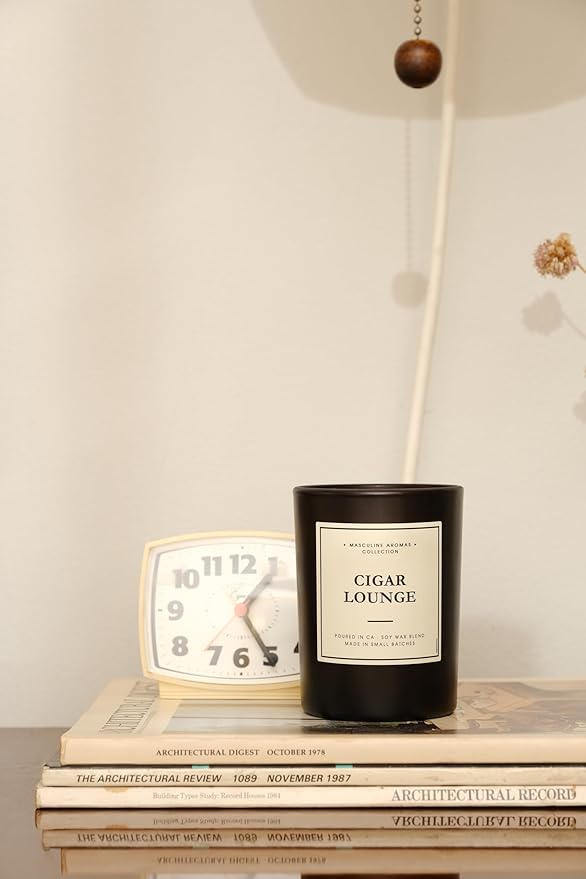 | Masculine Aromas | Small Batch | Soy Wax | 40 Hours | Scented Black Candles with Natural Essential Oils | Vegan (Cigar Lounge)