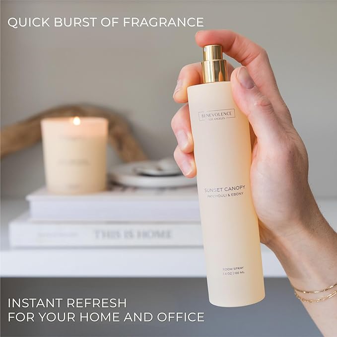 Patchouli & Ebony Room Spray | Benevolence LA Sunset Canopy | 3.4oz | Home, Pillow & Linen Fragrance Spray | Low VOC, No Alcohol | Holiday & Christmas Gift for Her | Malibu Sands Collection