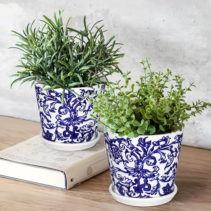 Blue and White Ceramic Planters Pots, Ceramic Flower Pots with Drainage Hole & Saucer, Indoor/Outdoor Ceramics Plant Pot for Succulents, Cactus, Flowers, Garden Home Tabletop Decor, 5+4 Inch Set of 2