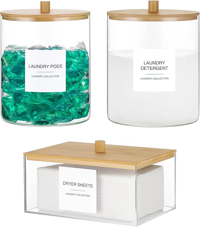 3 Pack Glass Jars and Acrylic Dryer Sheet Holder, Laundry Pods Container with Bamboo Lid and Measuring Cups for Laundry Room Organization, Powder Detergent Containers
