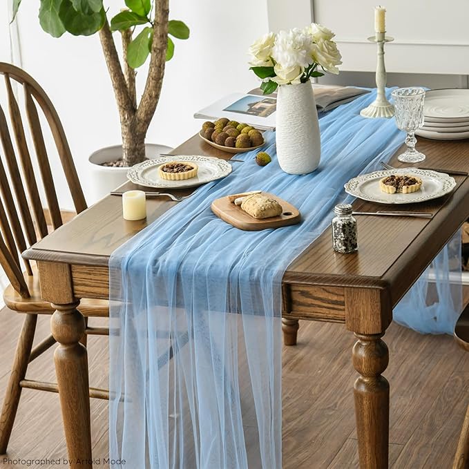 Artoid Mode 10PCS Dusty Blue Gauze Table Runner 120 Inch 10FT, Seasonal Sheer Kitchen Dining Holiday Wedding Birthday Baby Shower Table Decor for Home Party