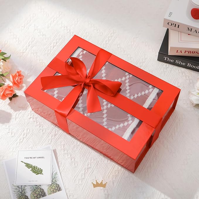 PACKQUEEN Large Red Christmas Gift Box with Window, 13.5x9x4.1 Inches Clear Mothers Day Gift Box for Present Contains Ribbon, Card, Bridesmaid Proposal Box with Magnetic Lid (Glossy Red)