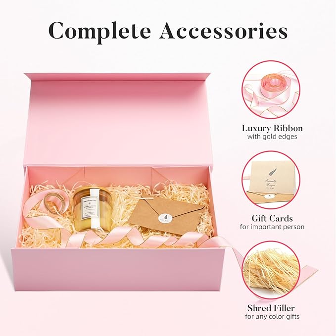 LIFELUM Pink Gift Boxes with Lids for Presents 5 Pack 13.85x8.35x4.45 Inch Gift Boxes with Ribbon,Card,Shredded Paper Filler Magnetic Gift Box for Wedding Gifts