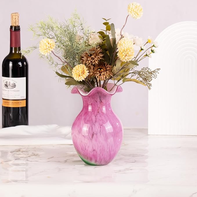 KAMMAK Colored Glass Vase, Beautiful Hand Blown Decorative Vase, Modern Art Vase for Flower Mantle Dining Table Centerpiece, Entryway Living Room Wedding Decoration, FH006