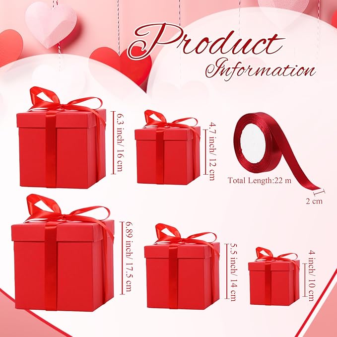 Cholemy 5 Pcs Square Nesting Boxes Decorative Gift Boxes with Lid and Ribbon Assorted Sizes Wrap for Wedding, Thanksgiving, Christmas, Anniversary, Birthday, Bridal Party(Bright Red)