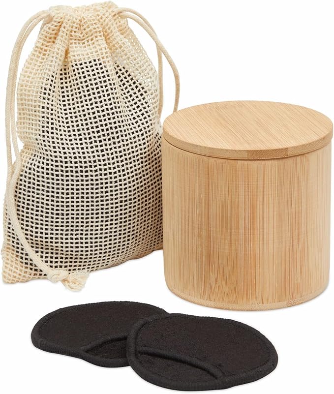 18 Pack Reusable Cotton Rounds for Makeup Removal with Bamboo Holder and Mesh Storage Bag (Black)