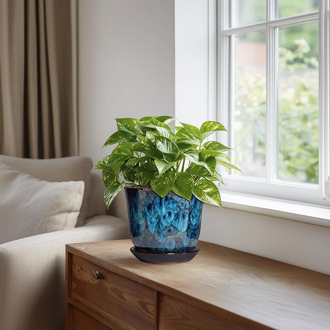 5.6 Inch Plant Pot - Ceramic Pots for Plants with Drainage Hole and Saucer, Round Succulent Flower Orchid Pot for Indoor Outdoor, Modern Planter, Home Room Decor, Gift for Plant Lover, Blue