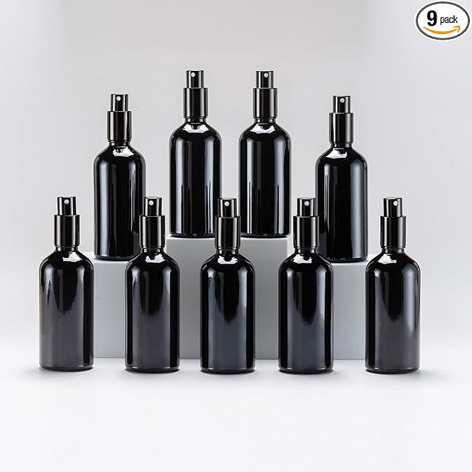 YIZHAO Black Glass Spray Bottles 4oz, with Small Fine Mist Spray, Metal Cap, Refillable for Essential Oil,Travel,Cleaning,Perfume,Aromatherapy,Makeup – 9 Pcs
