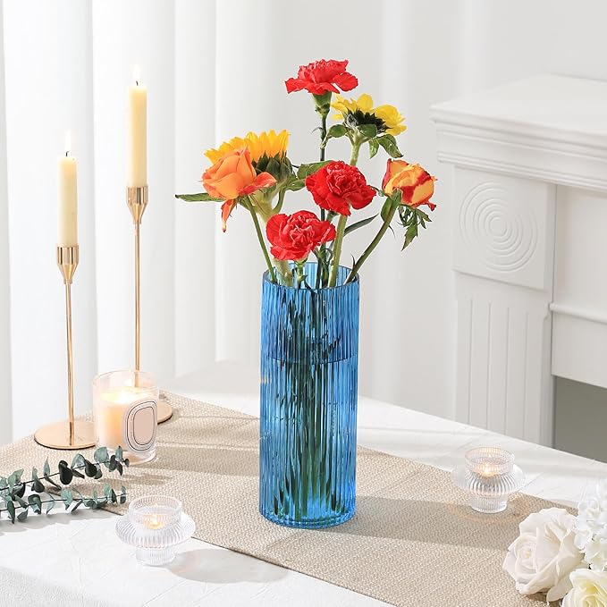 Blue Glass Vase, Glass Flower Vase, Ribbed Glass Vases, Blue Vase, Tall Cylinder Vases for Centerpieces, Living Room, Bedroom, Dining Table, Office, Wedding, Bookshelf Decoration, 10 Inches