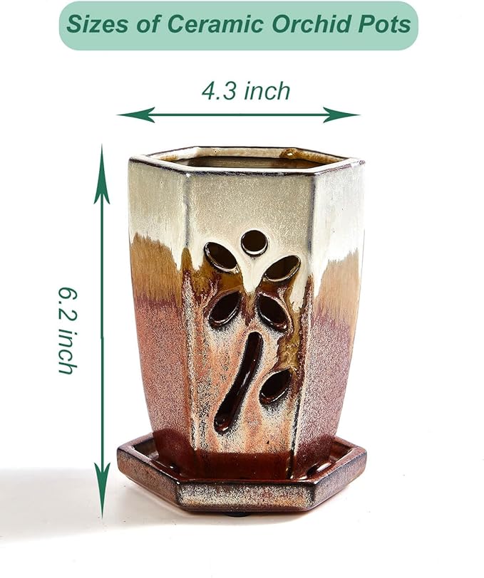 vensovo 4 Inch Ceramic Orchid Pots with Holes and Saucers - 1 Pcs Small Hexagon Succulent Pot for Repotting, Garden Flowerpots for Plants Indoor and Outdoor Promotes Air Circulation, (Brown Mixed)