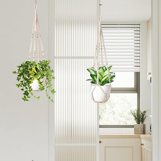 Macrame Plant Hanger Indoor Set of 2 with 4 Hooks, Indoor Outdoor Hanging Planter for Plants Holder with Decorative Wood Beads & No Tassels, Boho Home Decor, 35 Inch Ivory (Pots Not Included)