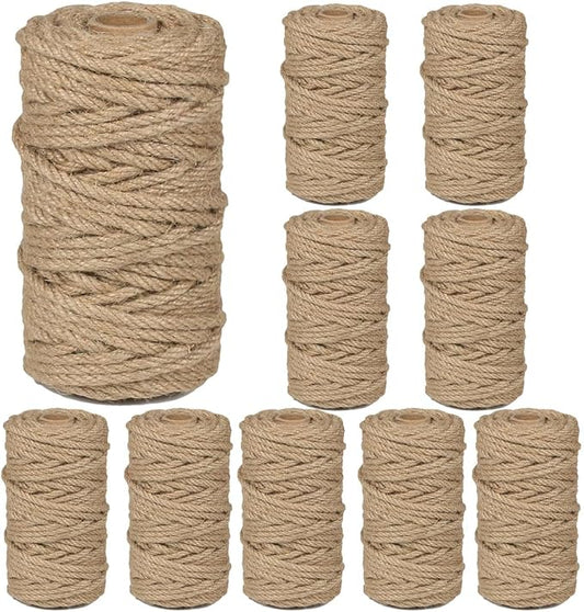 10Pcs 4mm Natural Jute Twine Rope 1200 Feet Twisted Heavy Duty Thick Twine for Cat Scratching Post Tree Craft Projects Garden Home Decoration Packing Bundling (Brown-120Feet/Roll)