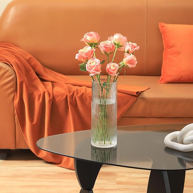 Clear Glass Vase, Glass Flower Vase, Ribbed Glass Vase, Clear Vase, Tall Cylinder Glass Vases for Centerpieces, Living Room, Dining Table, Office, Wedding, Bookshelf Decoration, 9.8 Inches