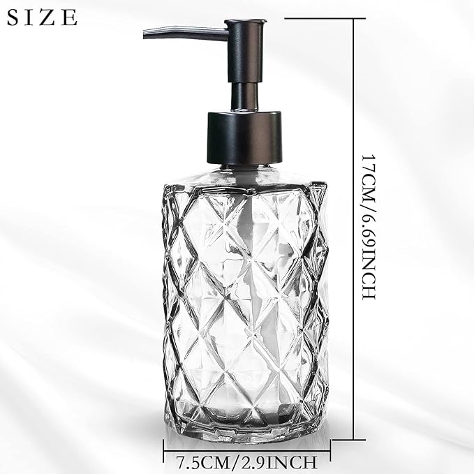 2Pcs Clear Glass Soap Dispenser with Pump, 11oz Diamond Design Refillable Soap Dispenser for Hand Wash, Dish Wash for Dishwashing Liquid, Lotions, Essential Oil