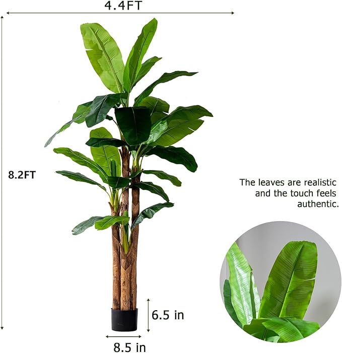 8.2FT Artificial Banana Tree Tall Fake Banana Leaf Plant Faux Banana Silk Tree Faux Banana Leaves for Home Swimming Pool Indoor Outdoor Patio Tropical Decor