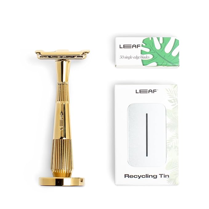 Leaf Shave | Leaf Twig Razor Set, Includes Twig Razor, Matching Stand, 50-Pack Single-Edge Blade Refills, and Blade Bank - Gold