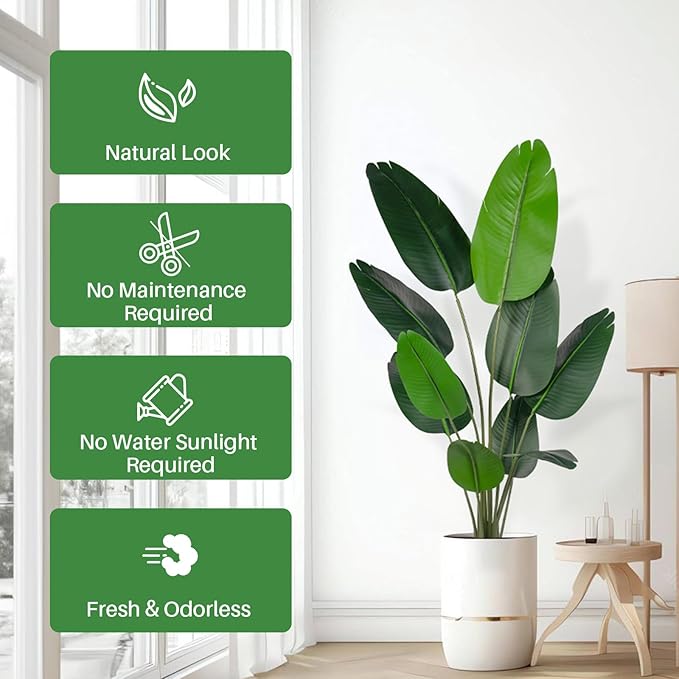 Artificial Bird of Paradise Tree for Home Decor, Fake Plants Areca Palm Tree Fake Silk Banana Leaf Tropical Trees Faux Tropical Palm Potted Dypsis Lutescens for Home Office Decor Housewarming