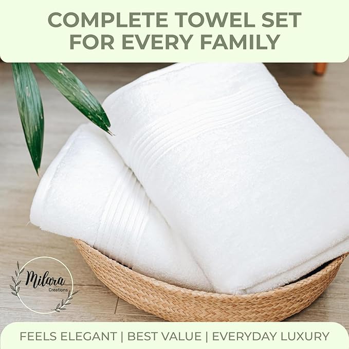 Milara Turkish Super-Plush Bath Towels Set 2-Piece | Premium Cotton Bath Towel Set Absorbent, Durable with Hanging Loops | White Color Turkish Bath Towels, (27 x 54 Inches)