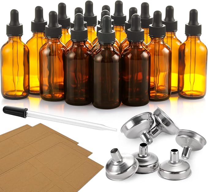 24 Pcs, 2 oz Dark Amber Dropper Bottles with 6 Small Funnels & 1 Long Glass Labels - 60ml Tincture Bottles w/ Eye Dropper for Essential Oils, Perfume, Hair Oil, Liquids - Leak Proof Travel Bottles